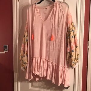 Free people tunic top shirt sleeves beaded xs 0 2 pink